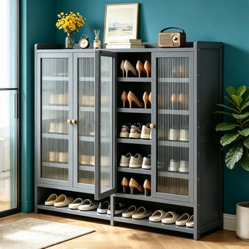 7 Tier Bamboo Shoe Cabinet, Large Shoe Cabinet with Acrylic Doors, 36-40 Pairs Shoe Rack, Closet (Grey-1)