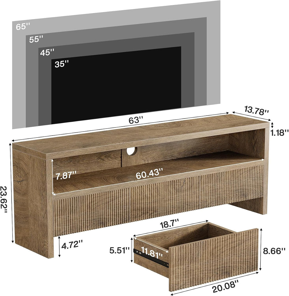 63" TV Stand with 3 Drawers, 2-Tier Entertainment Center for TVs up to 75", Farmhouse Media Cabinet, Wooden Console