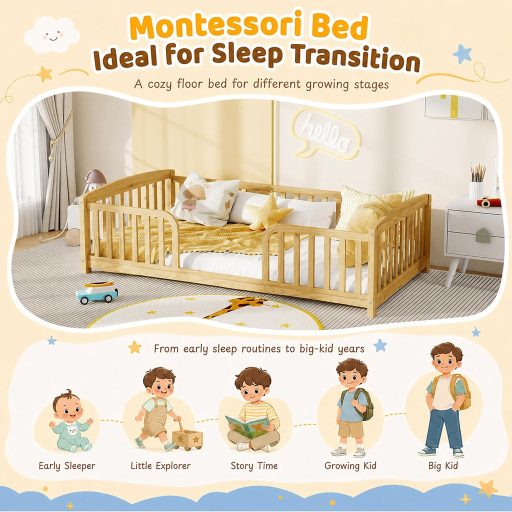 Twin Floor Bed with Rails, Pine Wood Montessori Bed with Central Entrance & Round Corner Design, Montessori Floor