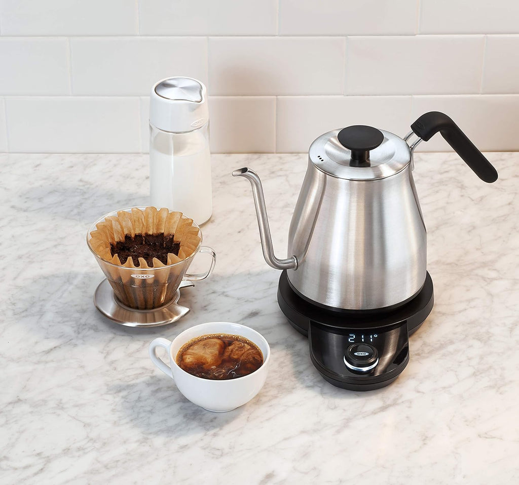 Brew Pour Over Gooseneck Electric Kettle - Stainless Steel | Adjustable Temperature Control, Built-In Timer, Cord