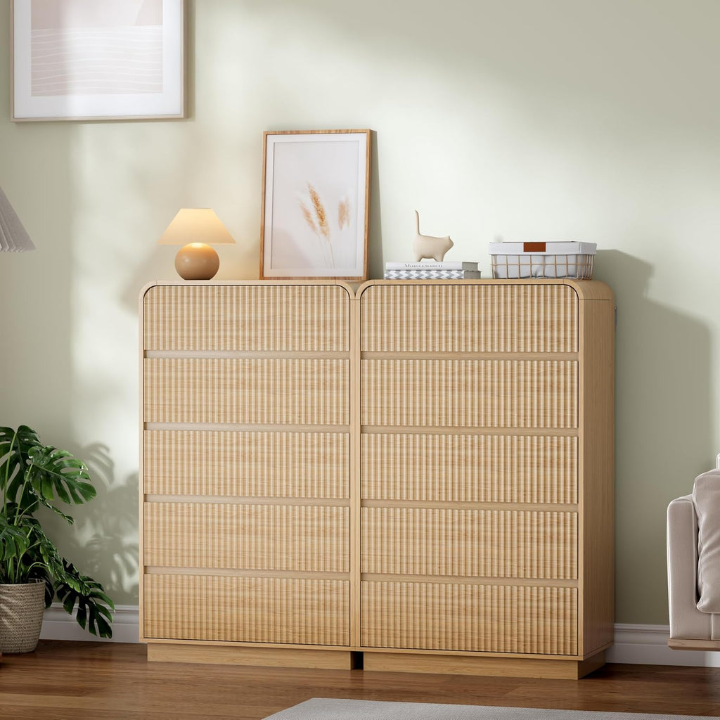 Natural Oak Dresser Fluted Tall 5 Drawer Dresser , Wood Chest of Drawers with Hidden Handles & Rounded Corners