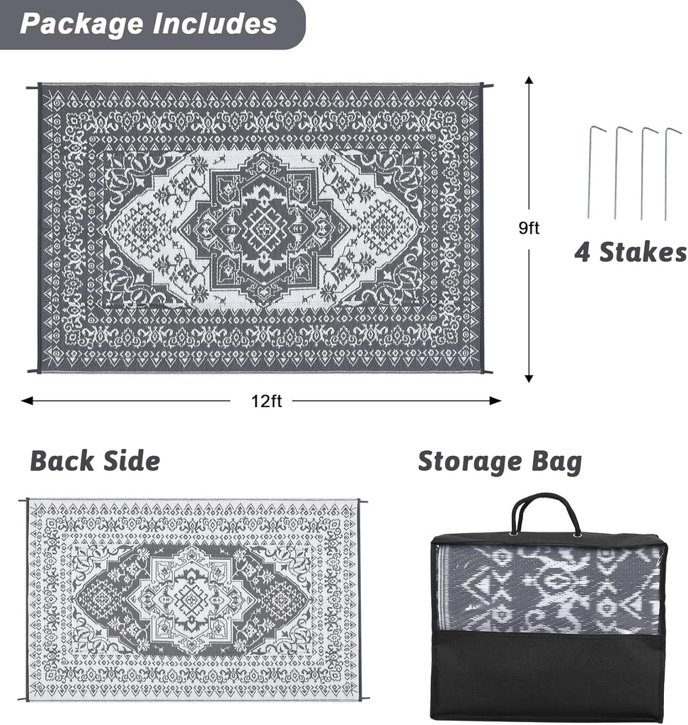 9x12 Outdoor Rug Waterproof Reversible Mat Indoor Outdoor Rugs Carpet, Boho Vintage Large Outdoor Pl