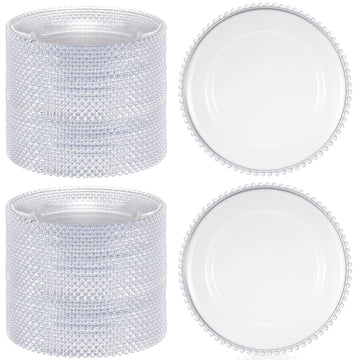 100 Pcs 13 Inch Clear Round Charger Plates with Beaded Rim, Clear