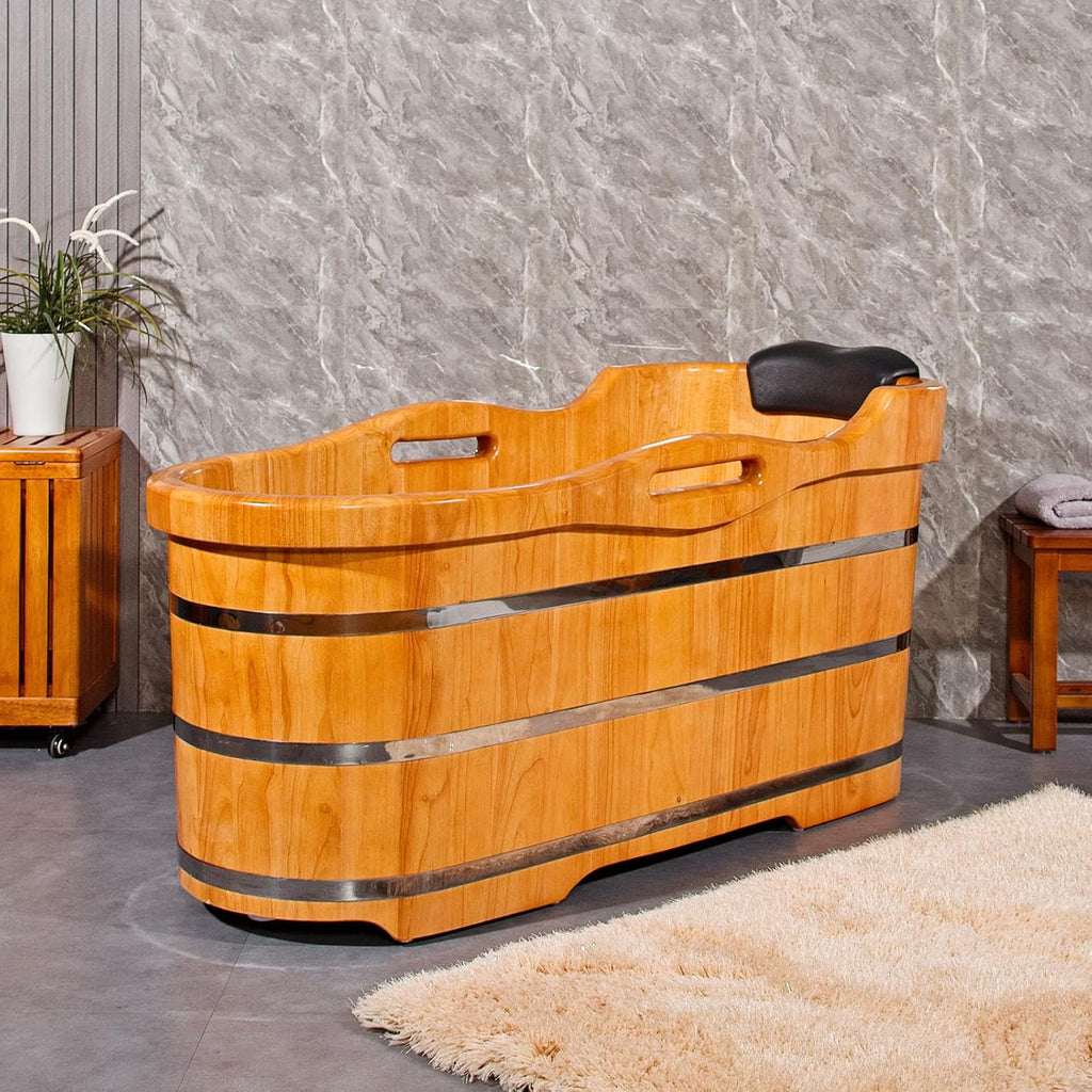 59” Freestanding Bathtub Wooden Soaking Tub Handcrafted Deep Soaking Bathtub with Wooden Handrails, Japanese Soaking