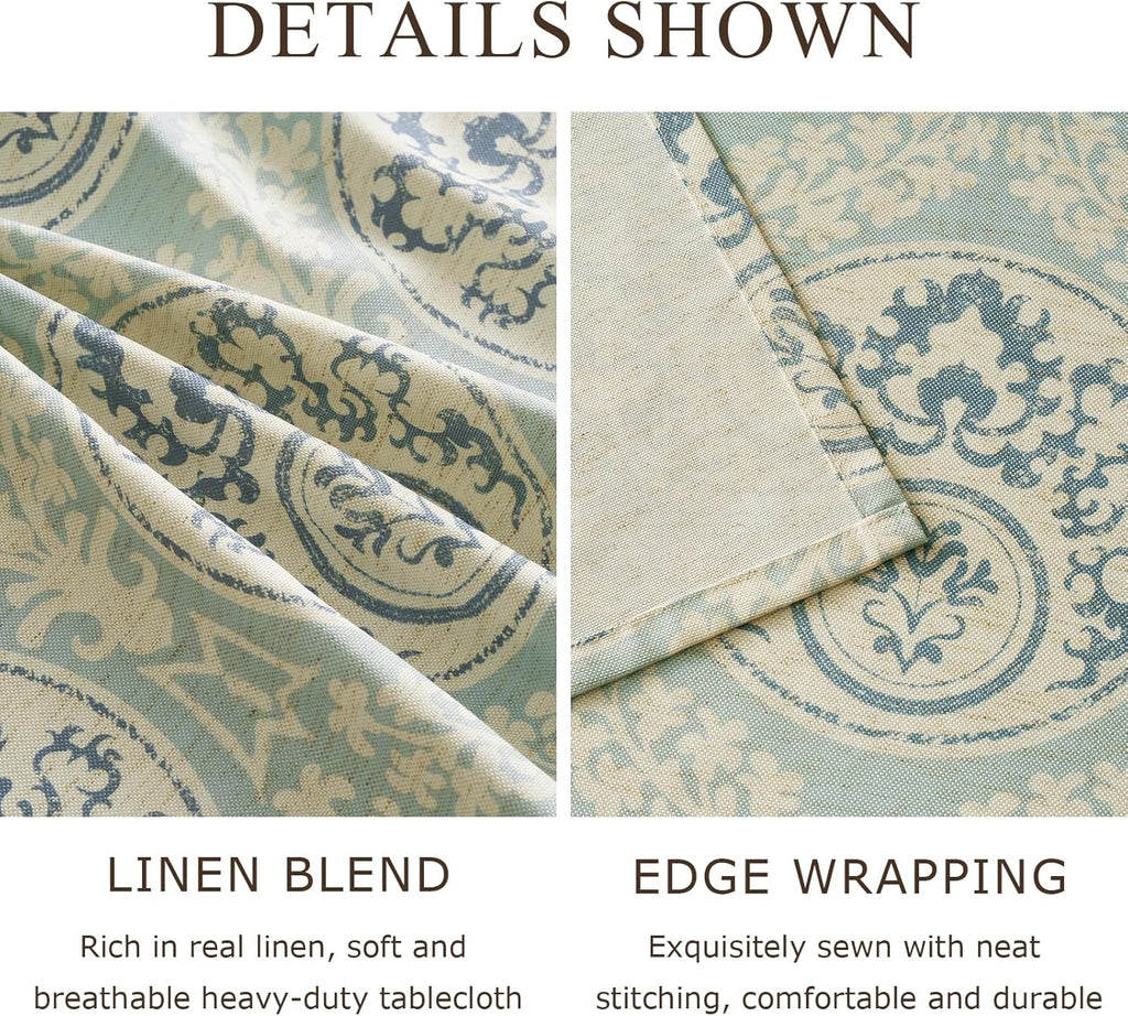 Vintage Blue Printed Tablecloths Rectangular: Floral Linen Farmhouse Table Cloth - Damask Patterned 