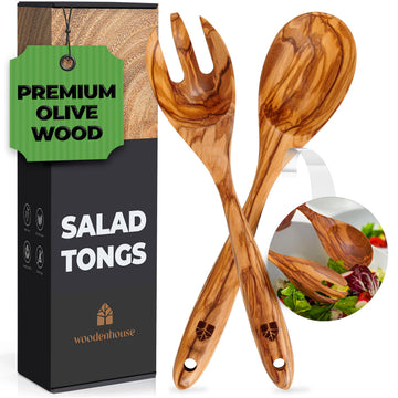 Wooden Salad Tongs, 12" Olive Wood Serving Fork & Spoon Utensils Set