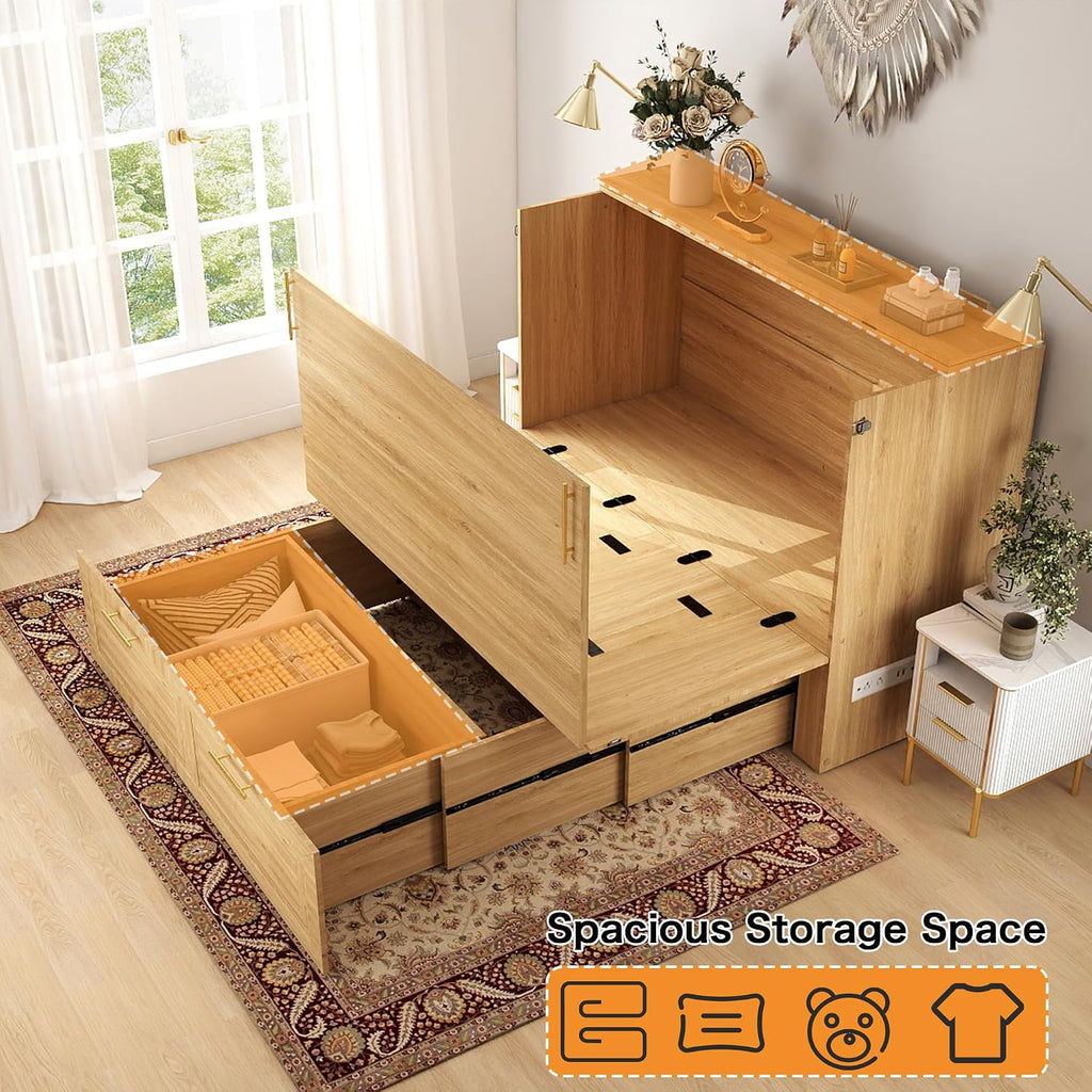 Murphy Bed Full: Oak 2 in 1 Murphy Bed Cabinet with Drawer, Wood Cabinet Bed with Charging Station, Modern Hidden