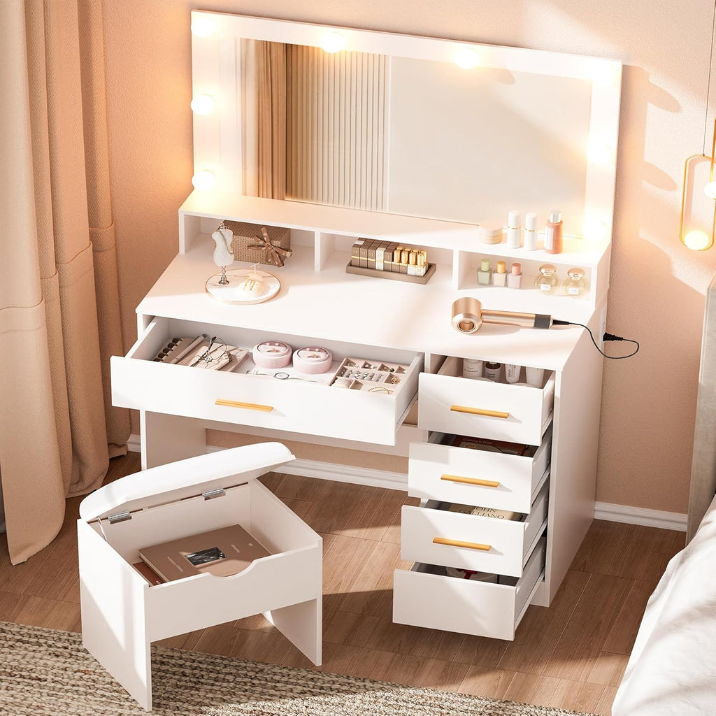 Vanity Desk with Mirror and Lights, 35.43" Large Mirror Makeup Table with Stool, 5 Drawers Dressing Table for Girls