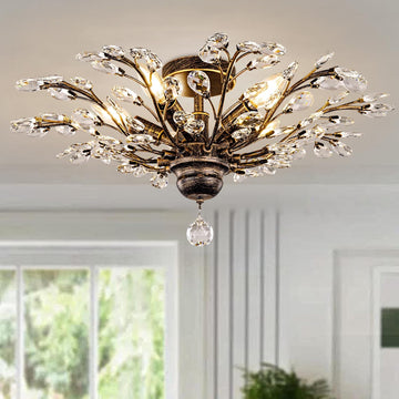 Vintage Crystal Ceiling Light Fixture, 5 Lights Bronze Semi Flush Mount Ceiling Light Fixture, Modern Farmhouse