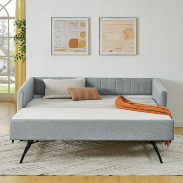 Twin Size Upholstery Daybed with Erectable Trundle and Vertical Stripes, Twin to King Design Extendable Linen Sofa