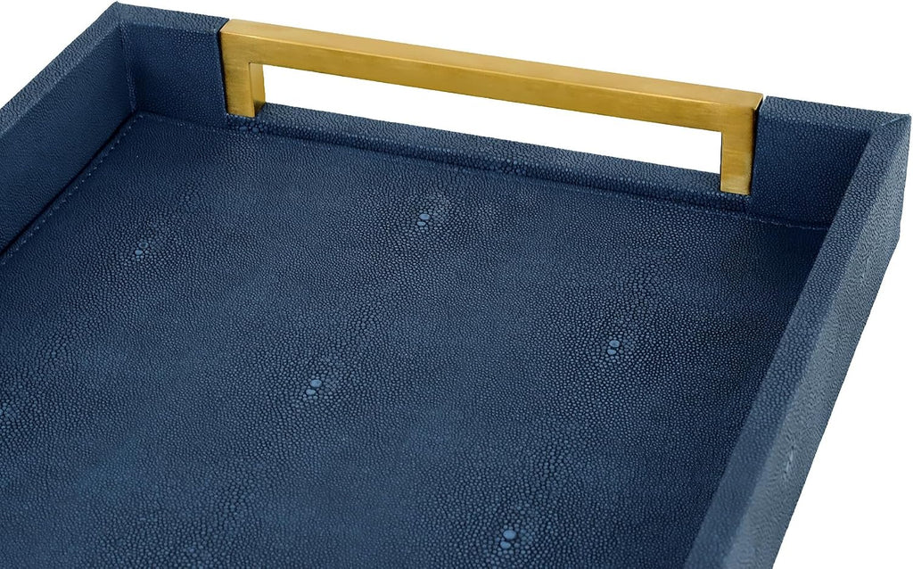 Faux Leather Serving Tray with Gold Metal Handles, Stylish Decorative Tray Organizer for Coffee Table, Ottoman, Home