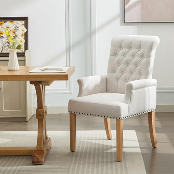 Fabric Dining Chair with Arms, Upholstered Tufted High Back Dining Room Chairs, Accent Armchair with Solid Wood Leg
