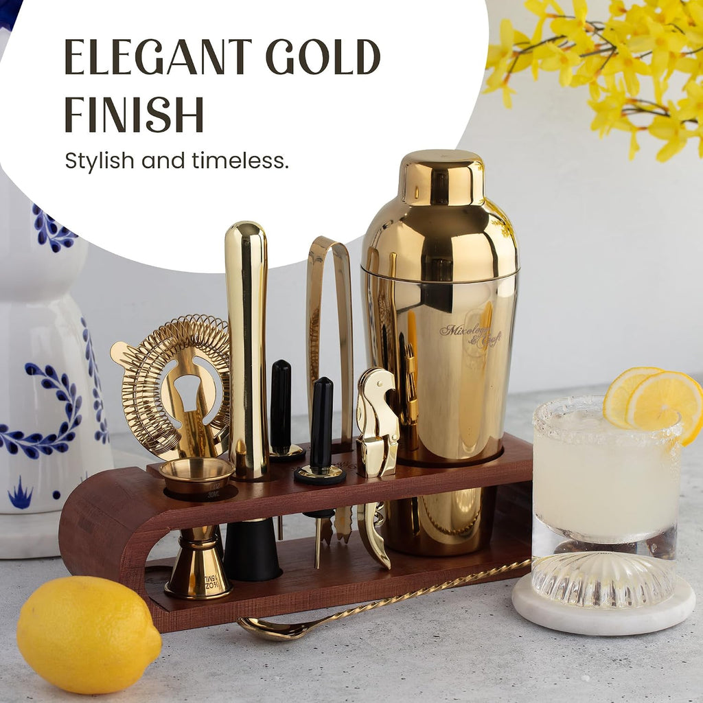 Cocktail Shaker Set with Dark Bamboo Stand - Professional 10-Piece Bartender Kit - Complete Bar Set & Cocktail Mixer