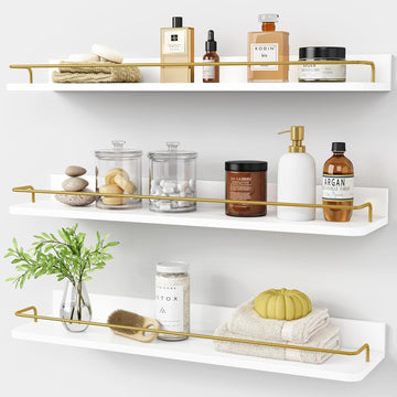 24 Inch Bathroom Floating Shelves for Wall Set of 3, Gold Bathroom Shelves Over Toilet Wall Mounted with Rail