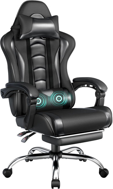 Gaming Chair with Footrest Massage Lumbar Pillow Reclining Black