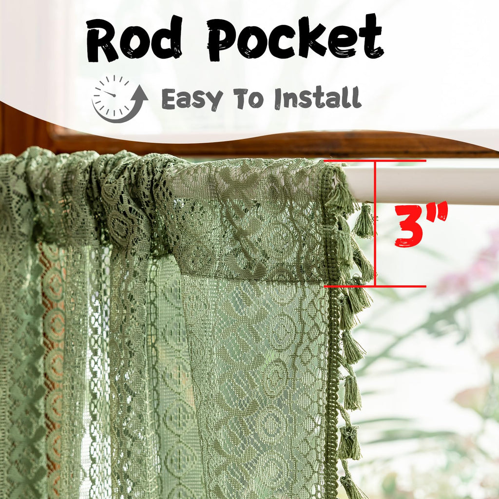 Olive Green Boho Window Curtains Valance 18 inches Long 2 Panels, Farmhouse Lace Sheer Closet Decor Crochet Privacy