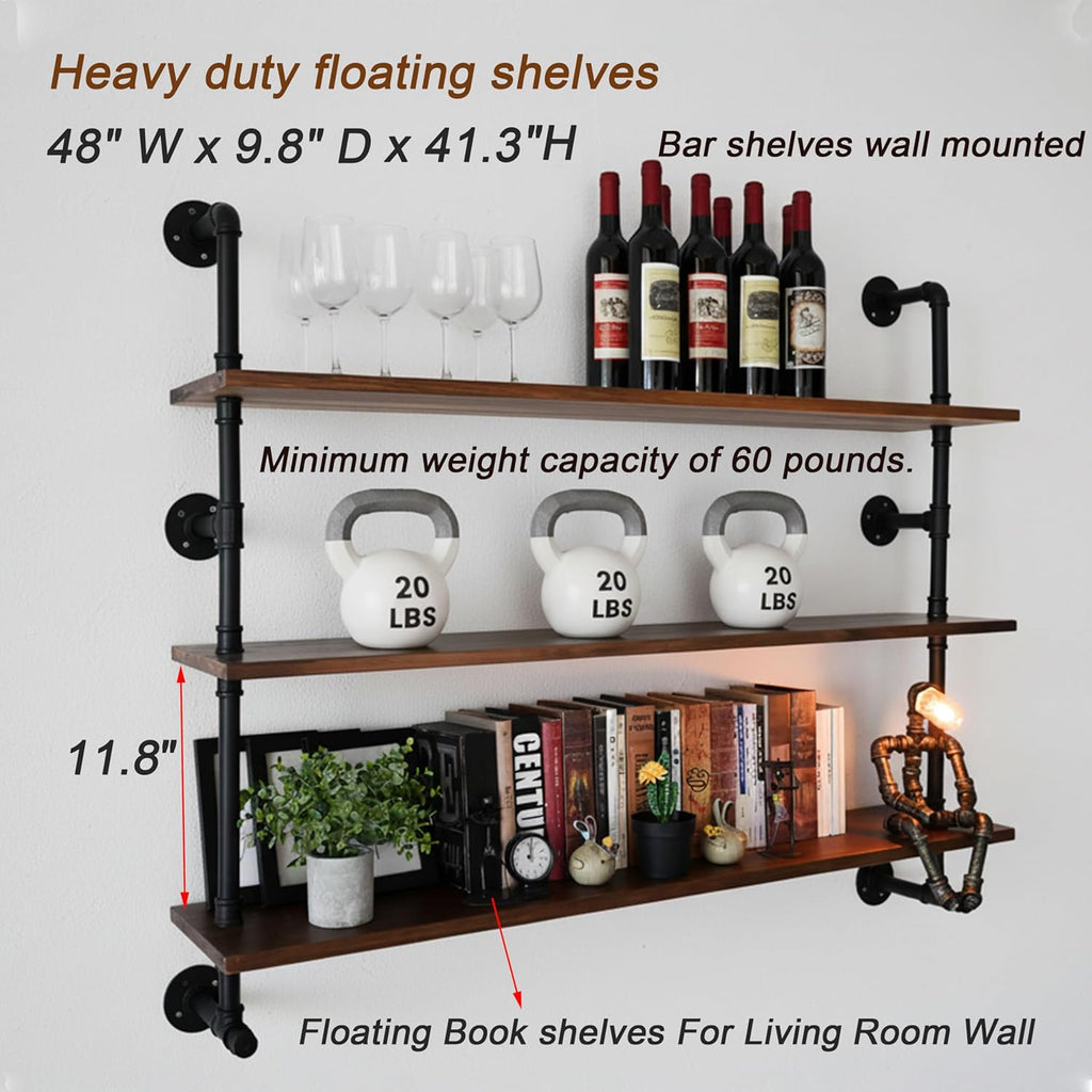 Industrial Pipe Wall Shelves Pipe Shelving with Real Wood Plank 48 Inches | Floating Shelves for Wall Farmhouse Pipe