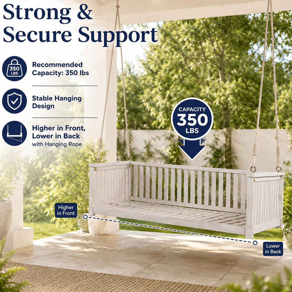 Patio Swing Bed, Twin Size Acacia Wood Porch Swing | Acacia wood frame, twin mattress fit, sloped seat design, 350 lb