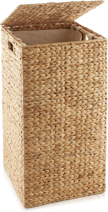 Laundry Hamper with Lid and Removable Liner Bag - Natural, Woven Water Hyacinth Square Laundry Basket Sorter for