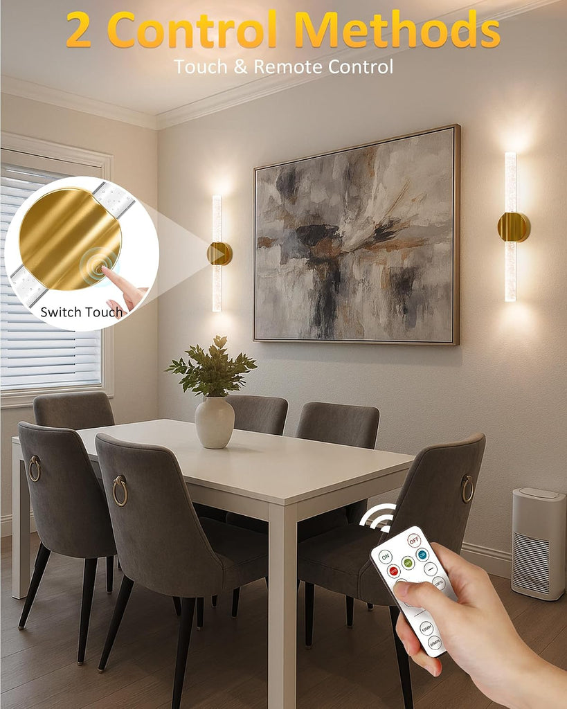 Peel and Stick on Wall Sconce set of 2 Wireless Battery Operated Wall Light | Rechargeable Gold No Drill Magnetic