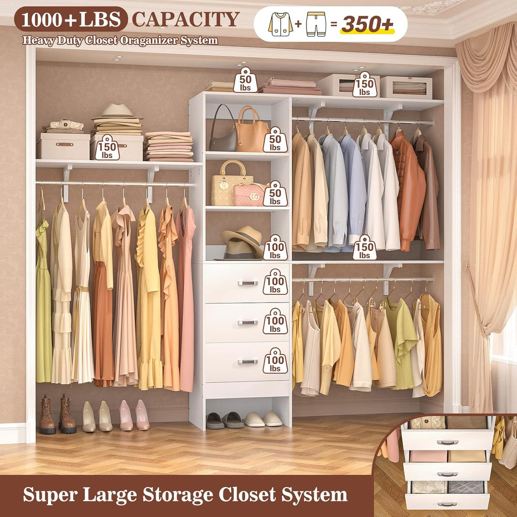 96" Wood Closet System with 3 Enclosed Drawers & 3 Solid Shelves, 8FT Adjustable Closet Organizers and Storage, Heavy