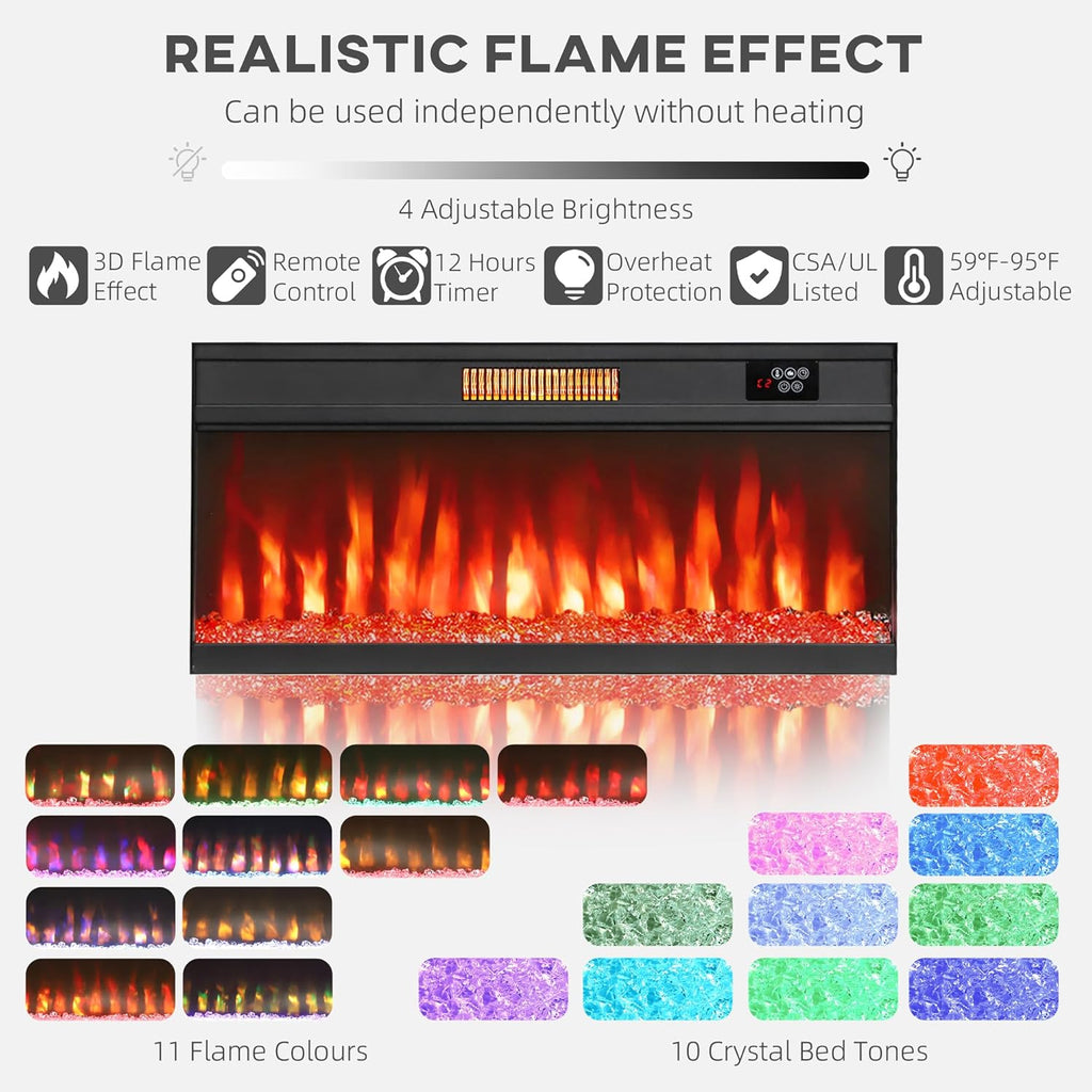 Fireplace TV Stand for TVs Up to 80 Inches, Modern Entertainment Center with 36" Glass Electric Fireplace & LED