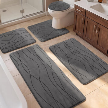 Bathroom Rugs Set 5 Piece, Memory Foam Bath Mat Dark Grey | Ultra Soft, Absorbent, Non-Slip, Machine Washable, Sink