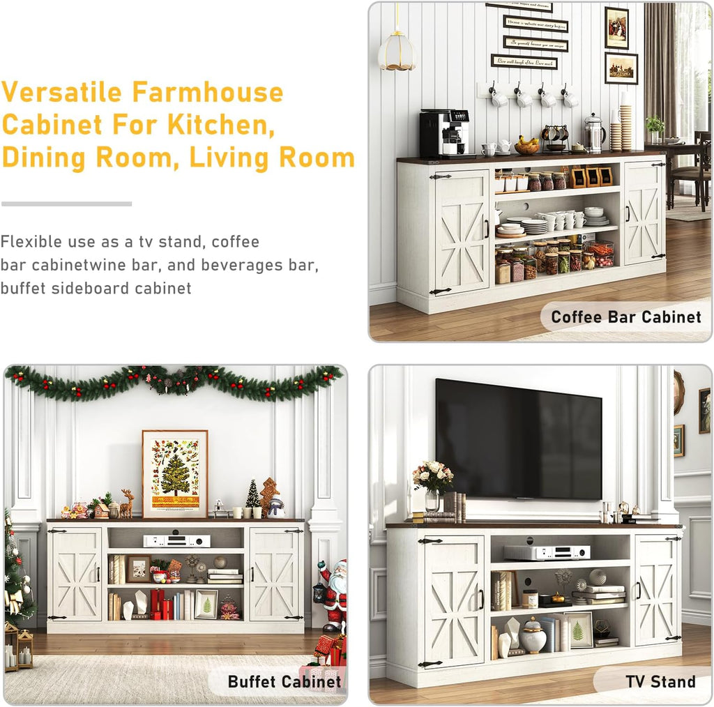 75" Farmhouse TV Stand with Power Outlets for 85 Inch TVs, 33" Tall Entertainment Center with Storage Cabinets