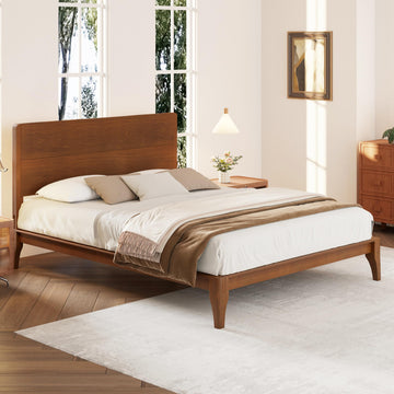 Full Size Mid Century Bamboo Wood Bed Frame with Headboard, Brown