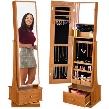 360 Swivel Mirrored Jewelry Cabinet, Standing Armoire, Makeup Storage Organizer, w/LED-lit Mirror, 3 Shelves - Rustic