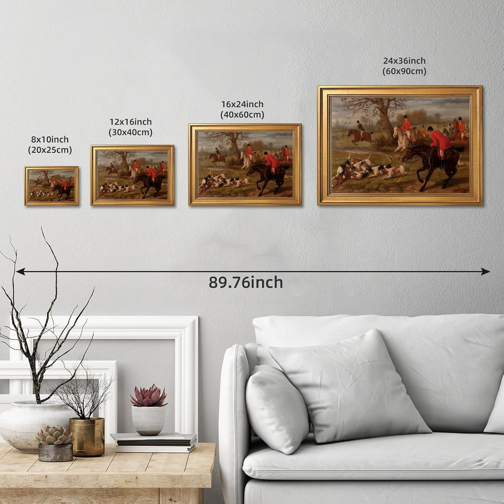 Gold Framed Vintage Equestrian Fox Hunting Wall Art Classic 19th Century Sports Oil Painting Reproduction Posters