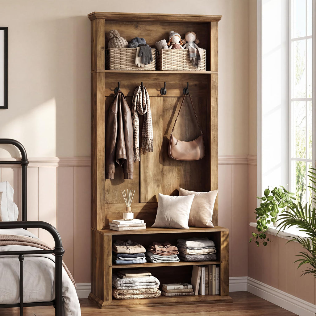 Hall Tree with Bench and Shoe Storage, 70.89" Tall Hall Tree with Coat Hooks, Open Shoe Shelves and Top Display