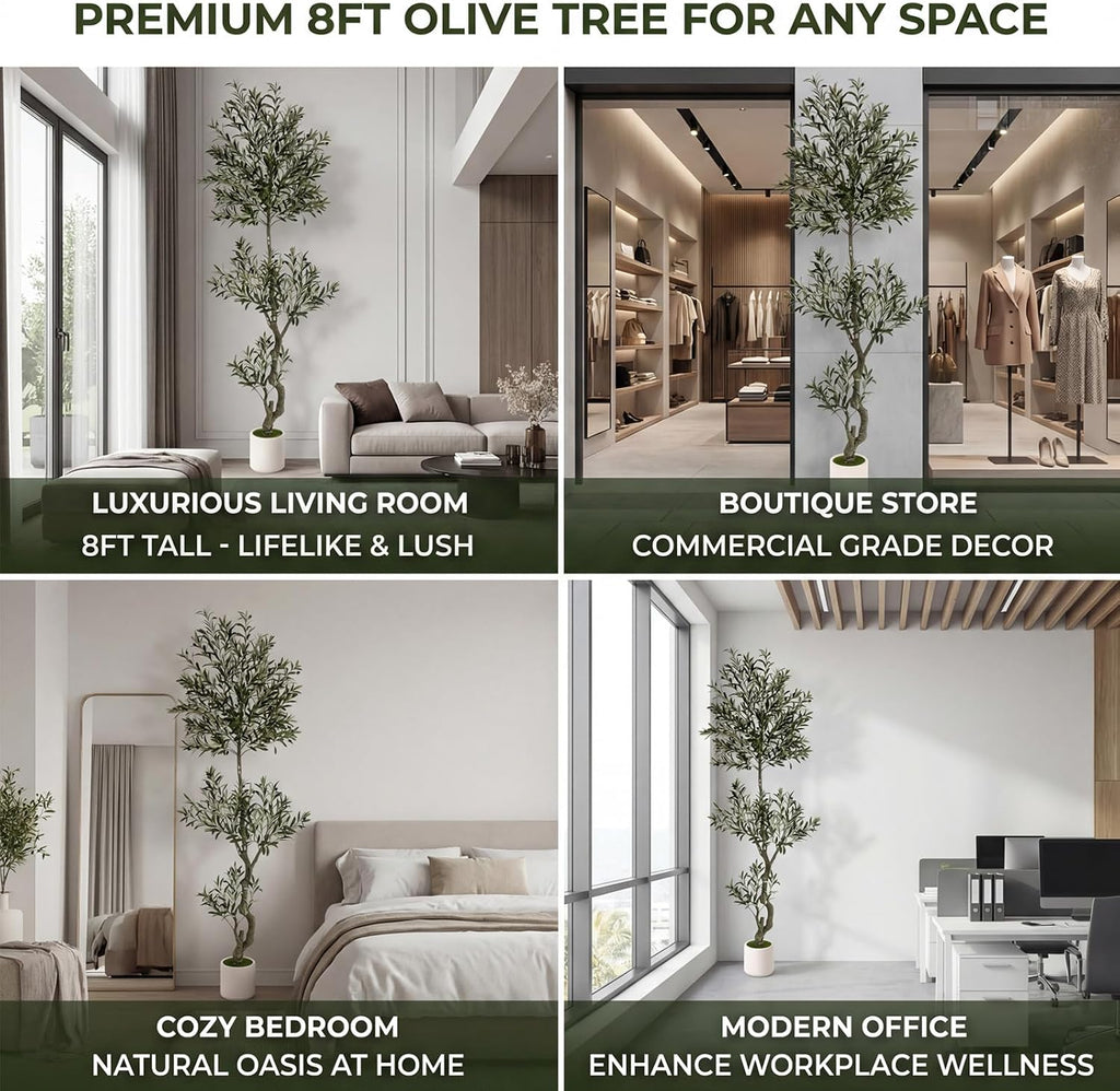 8ft Spherical Fake Olive Tree Artificial Indoor,Faux Olive Tree with Pot,Large Olive Branches and Lifelike Fruits