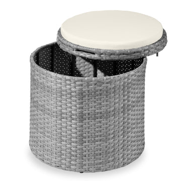 Round Wicker Ottoman, Multipurpose Outdoor Furniture, Backyard, Additional Seating, Footrest, Side Table w/Storage