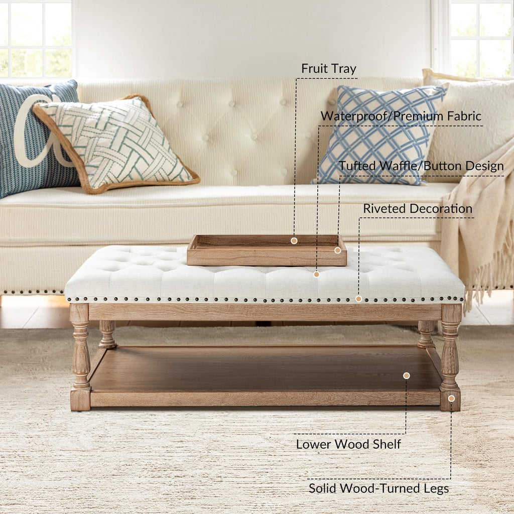 Storage Tufted Ottoman Coffee Table with Solid Wood Legs, Ivory