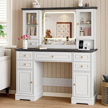 Vanity Desk with Lights, Large LED Mirror with 3 Color Modes, Makeup Vanity with Power Outlet & USB Ports, 6 Drawers