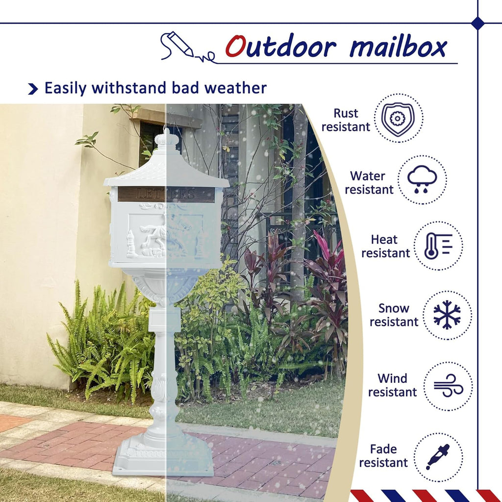 Cast Aluminum Mailbox, White Lockable Postal Box with Keys, Heavy Duty Vertical Letter Box Yard
