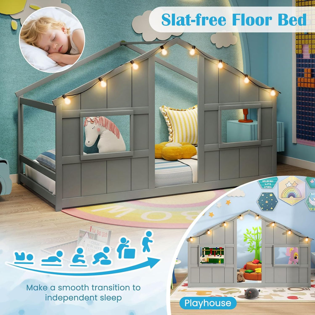 Twin Kids House Bed with Light Bulbs, Wooden Montessori Floor Bed Frame with Roof & Windows, Twin Floor Bed for Kids