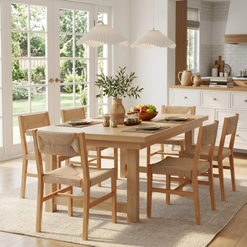 Mid Century Modern Rattan Dining Chairs Set of 6, Natural Beechwood Kitchen Chairs Farmhouse Woven Dining Room Chairs