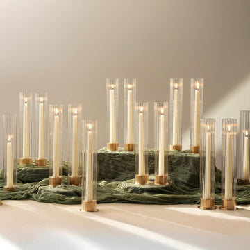 Hurricane Glass Candle Holders: Set of 18 Gold Taper Holders Bulk with Fluted Sleeves - Brass Candlestick Holders for