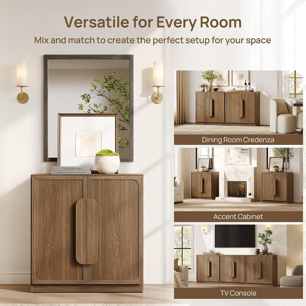 Sideboard Buffet Cabinet with Storage, Large 63''W Credenza, Walnut | Modern Accent Cabinet with Curved Handles & 2