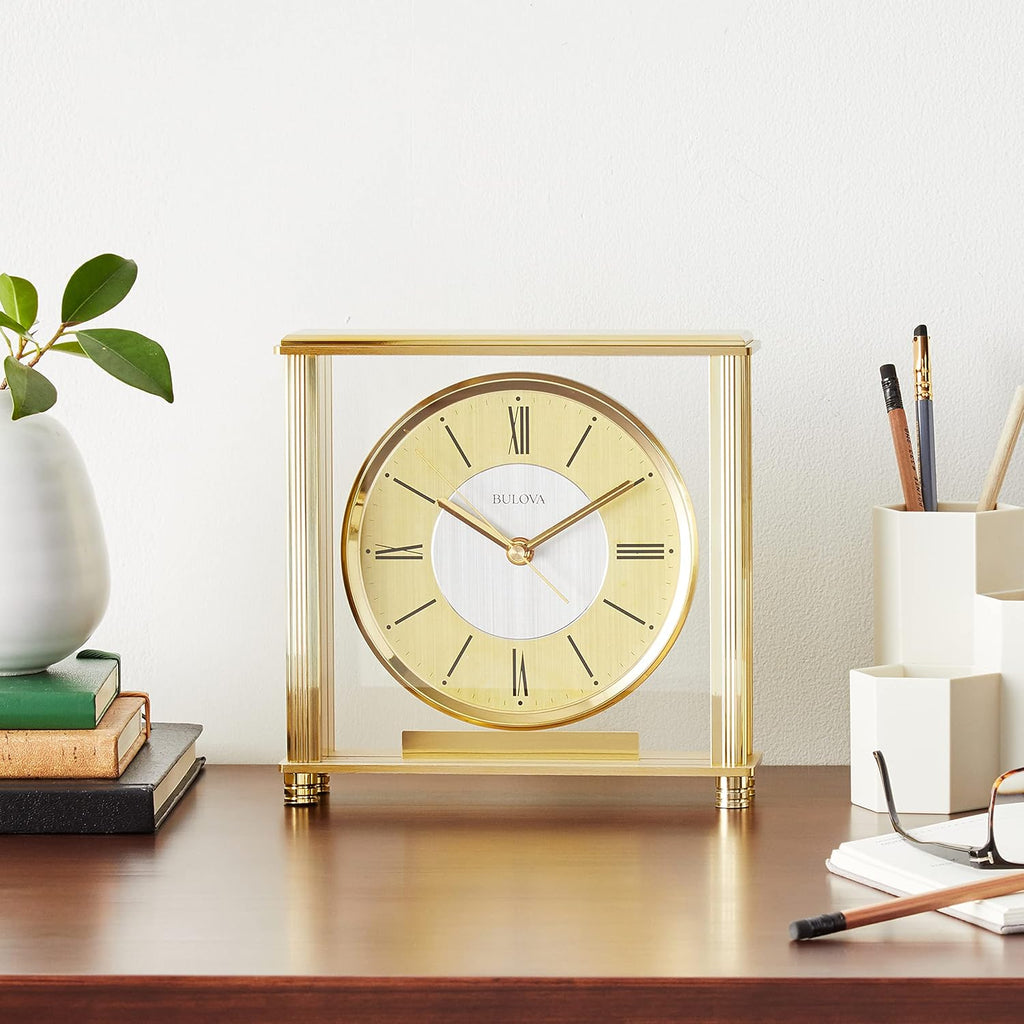 Bulova B1700 Grand Prix Table Clock - Brass MetalFinish - Glass Enclosure with Two-Tone Metal Dial - Quiet Sweep - Elegant Desktop...