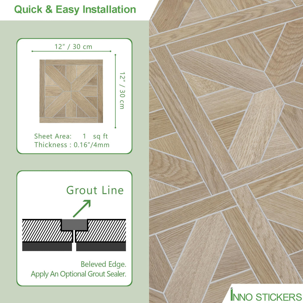 12-Pack Peel & Stick Floor Tile, Pinwheel Warm Oak