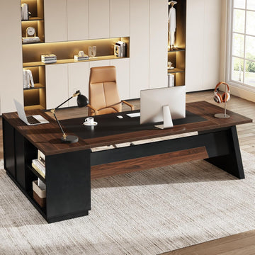 78" L-Shaped Executive Desk, Large Office Desk with Drawers and File Cabinet, Modern Business Furniture (Walnut & Black)