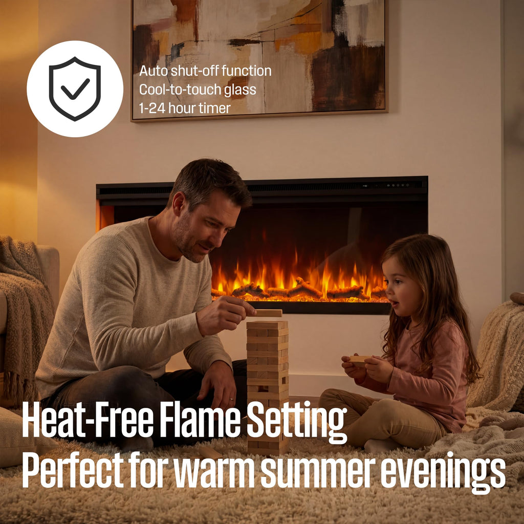 60inch 3-Sided Electric Fireplace, Realistic Flame&Log Set, Compatible with Alexa & Google Home, Wall Mount or