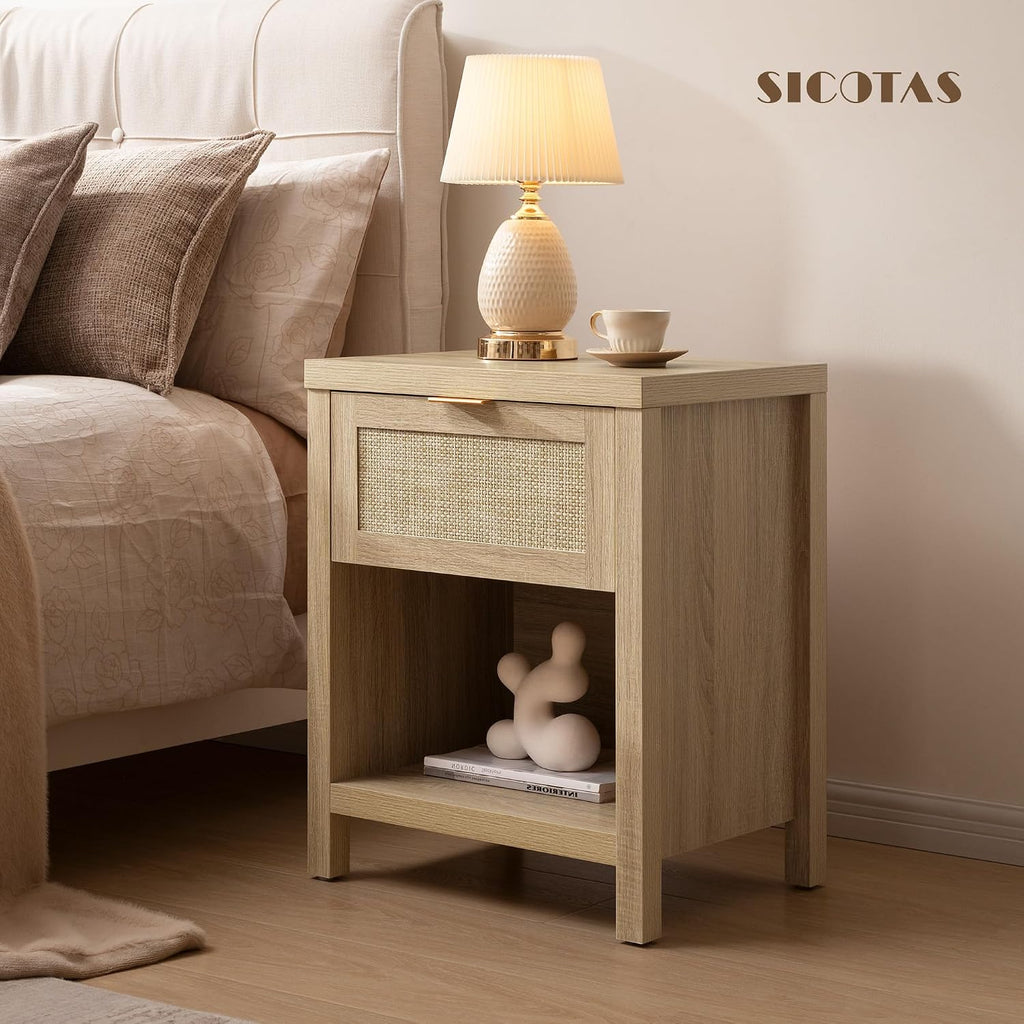 Rattan Nightstands Set of 2, Farmhouse Night Stand Bedside Table with Drawer and Storage Shelf - Boho End Side Table