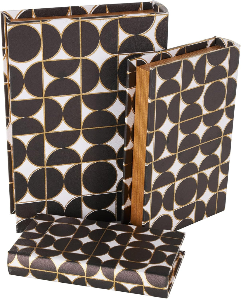 79 Faux Leather Decorative Box Faux Book Storage Book Shaped Boxes with White and Gold Geometric Patterns, Set of 3
