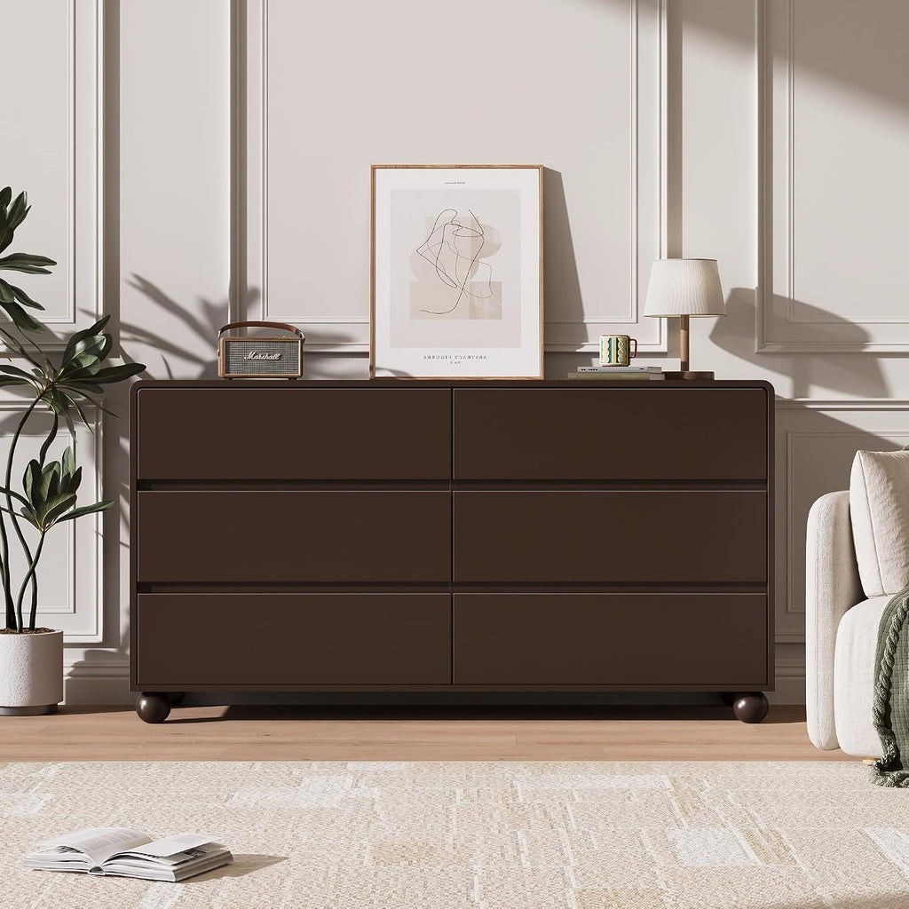 Mid-Century Modern 6 Drawer Dresser , 55" Wide Dressers Chest of Drawers, Handle Free & Curved Profile Design, Wood