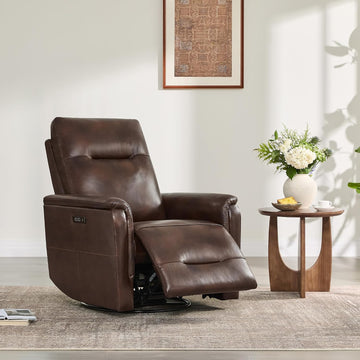 Genuine Leather Swivel Recliner Chairs for Adults, Electric Glider Rocker W Power Headrest USB-C Charger , Brown