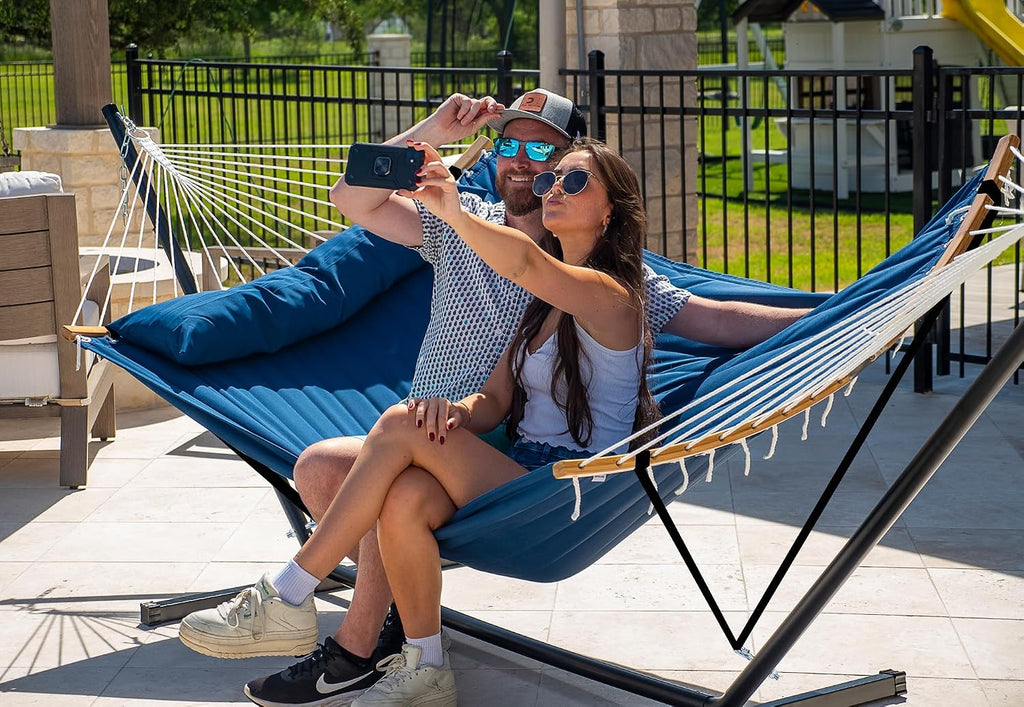 Curved-Bar Hammock with Stand, 2 Person Heavy Duty Hammock Frame, Detachable Pillow & Portable Carrying Bag, Perfect